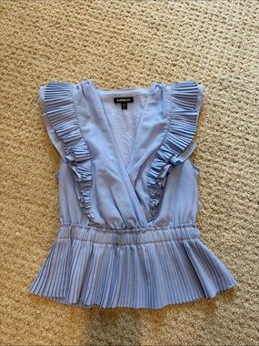 Express Light Blue Pleated Ruffle V-Neck Peplum Top